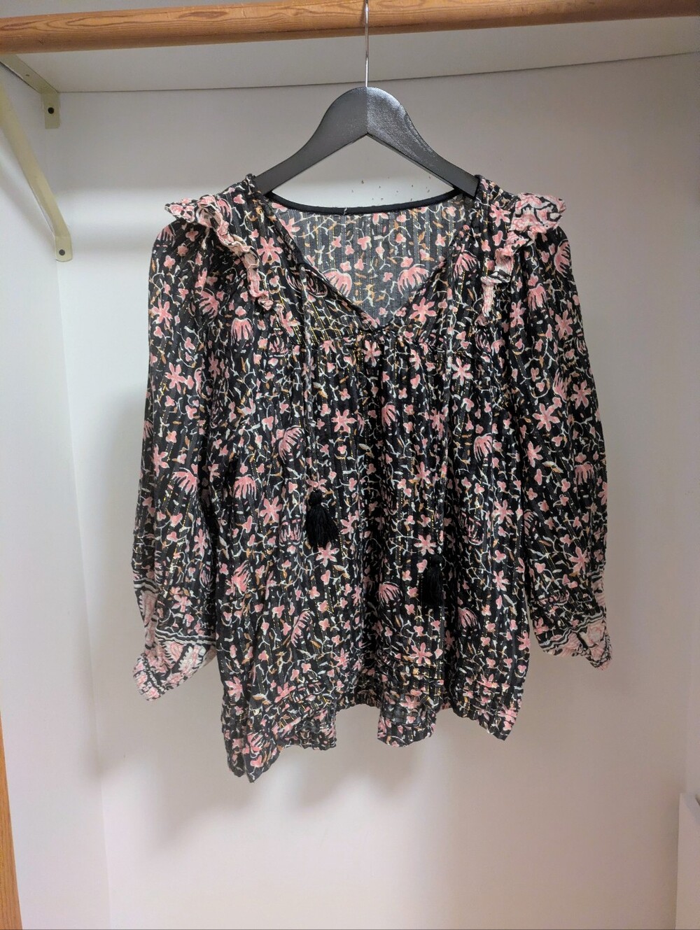 Cleobella Brynlee Blouse Fan Print Floral Ruffle Boho Metallic Thread